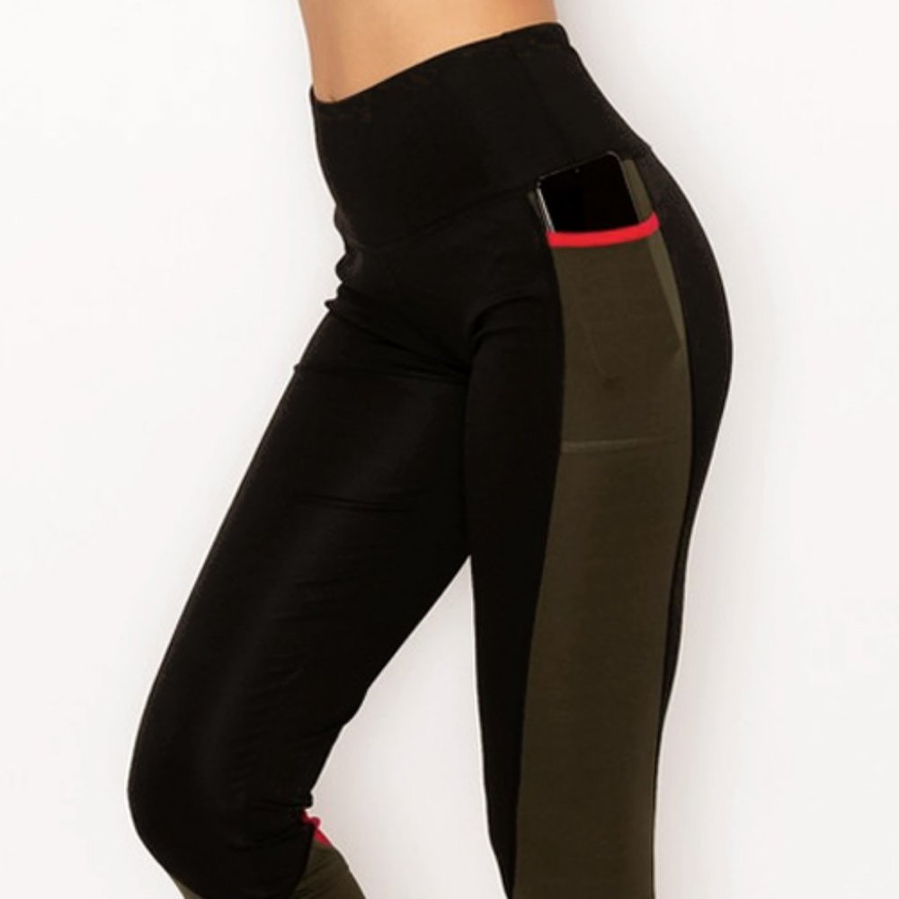 Black Olive Colorblock Pocket High Waist Leggings - Picture 8 of 10